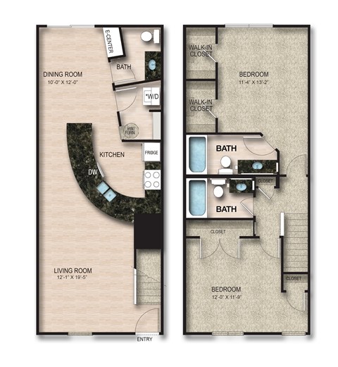 Floor plan for 2 beds, 2.5 baths, 1250 sqft